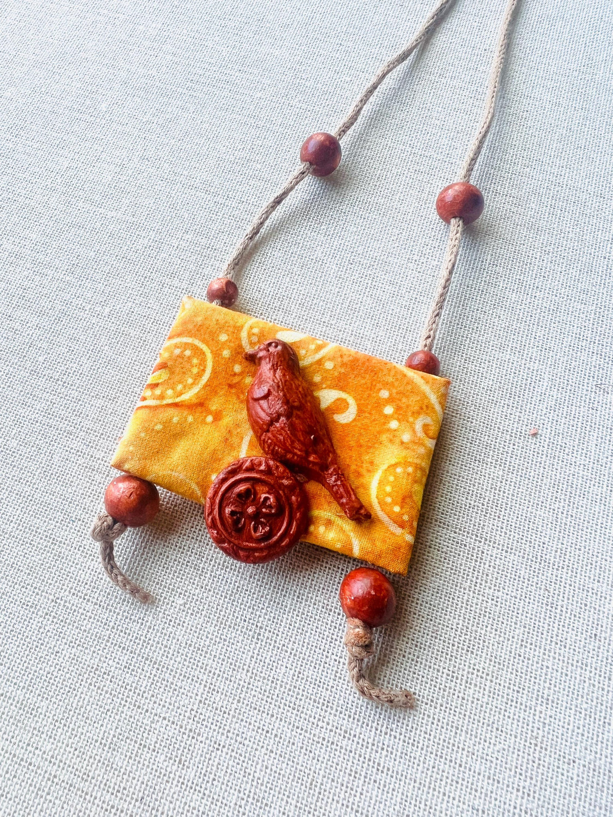 Handcrafted Recycled Fabric Beads and Terracotta Pendant