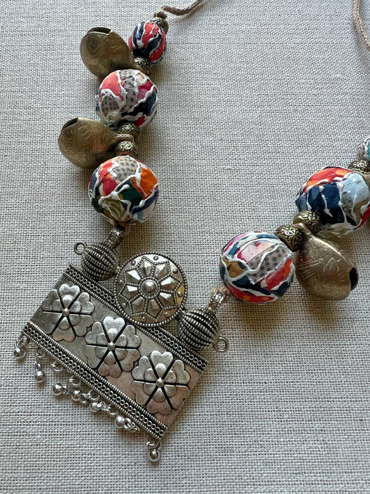 Handcrafted Recycled Fabric Beads Necklace with Metal Accents